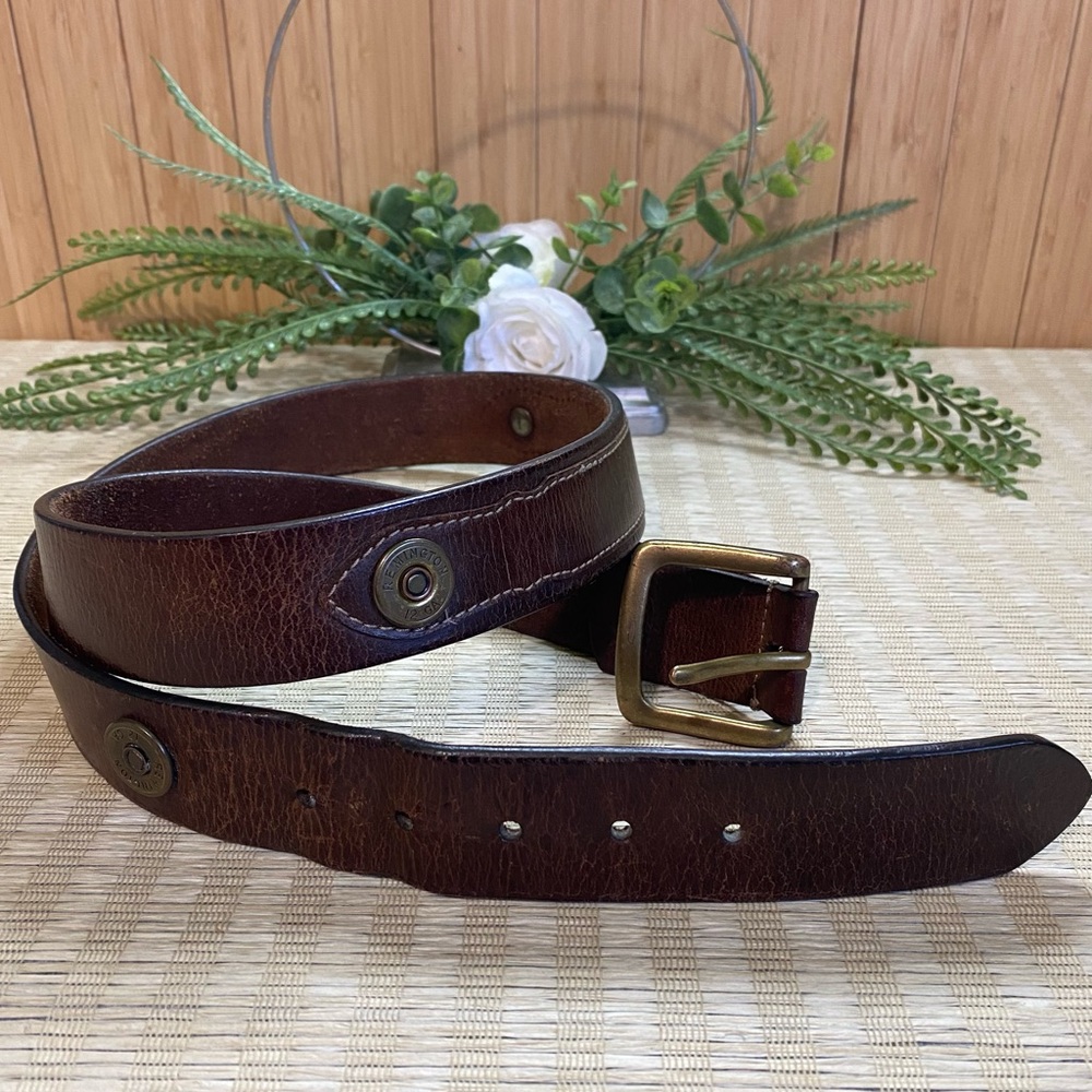 VTG Remington 12 GA Gauge Brown Leather Men's Belt - 42